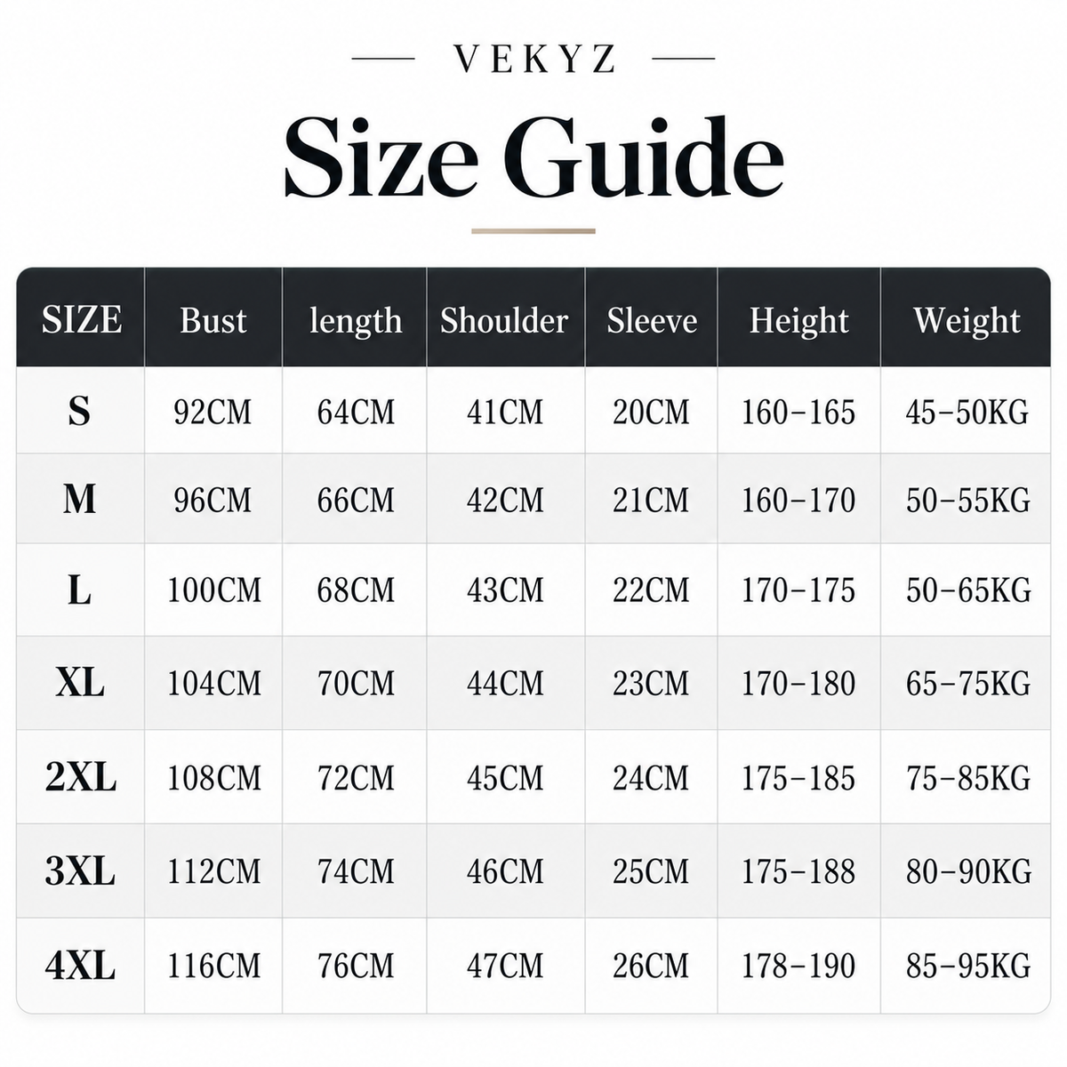 VEKYZ CoreFlex polo size guide
